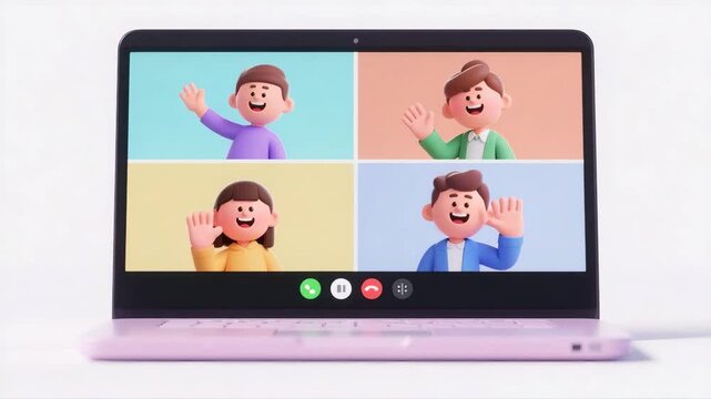 3d cartoon-style laptop screen displays a joyful video call with four smiling characters waving in separate windows, symbolizing remote work, online communication, and virtual teamwork in a fun way