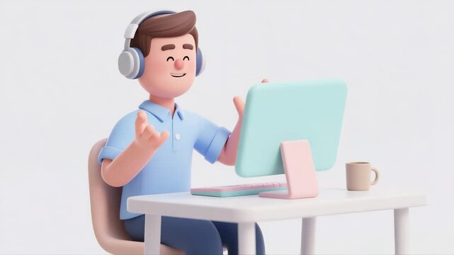 Cheerful 3d cartoon man wearing a headset sits at a pastel desk and speaks energetically while gesturing with his hands. He looks at the computer screen during a virtual call with a smile.