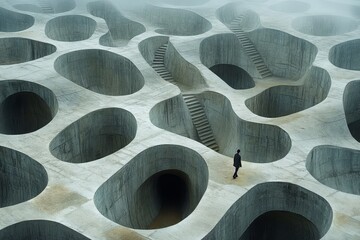 Person Navigating a Surreal Concrete Maze Landscape