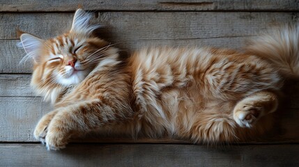 Ginger cat sleeping on wood