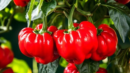 Vibrant Red Bell Peppers on Plant Lush Green Leaves