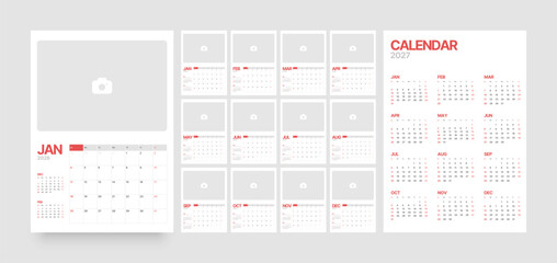 Monthly calendar layout for 2026 year. Vertical diary planner with place for photo for 2026 year. Week Starts on Sunday. Calendar Set for 2026 year.