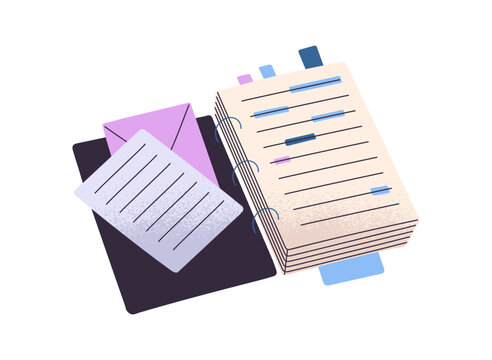 Icon of paper notebook with writings. Open ring binder, note book with spiral wire, bookmarks. Organizer, planner, notepad for ideas, thoughts. Flat isolated vector illustration on white background