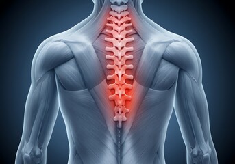 Anatomy of the Human Spine and Back Muscles with Red Highlighted Pain Area