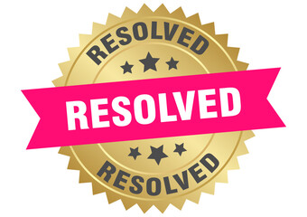 resolved. resolved round pink and gold label isolated on transparent background