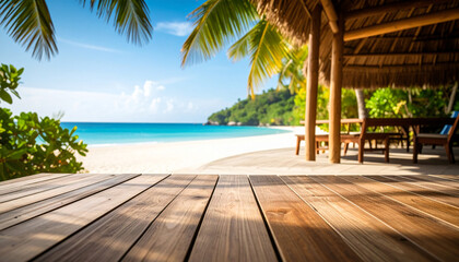 Tropical beach with palm trees, sun loungers, and turquoise sea under a clear blue sky.