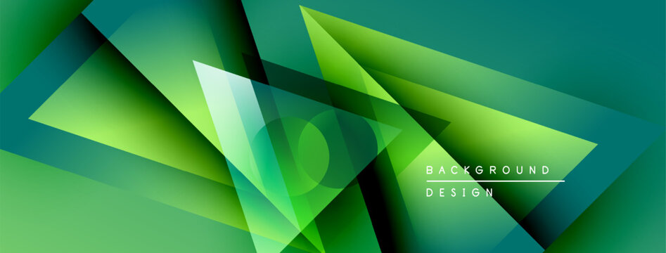 Abstract geometric shapes overlap, creating vibrant green gradients. Modern design suggests technology, innovation, energy. Background features text elements.