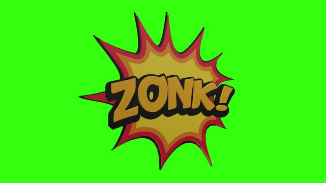 Zonk! retro cartoon comic bubble text animation &mdash; dynamic popup-style expression with bold comic lettering, perfect for video intros or transitions. Features vibrant animation on both black and gree