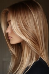 Naklejka premium Beautiful long blonde hair styled elegantly on a woman's profile with soft lighting highlighting the shine and texture of the strands