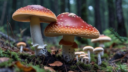 Obraz premium Mushrooms growing on forest floor with trees in the background. Nature and fungi, concept. Description of wild mushrooms and forest ecology.