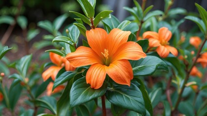 Vibrant orange flowers with lush green leaves in a garden setting.