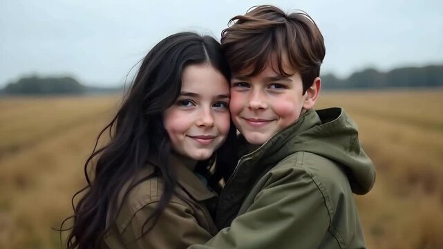 Young boy and girl, potentially lovers or brother and sister wearing military jackets, in a field