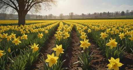 Sunlit daffodil field, vibrant yellow blooms, spring countryside, sunshine, seasonal