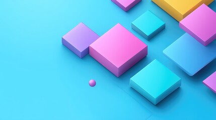 Pastel-colored cubes and sphere on a light blue background, creating an abstract composition