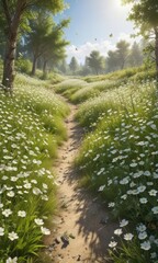 Sun-drenched glade, carpets of white wildflowers, butterflies flitting , springtime, fresh