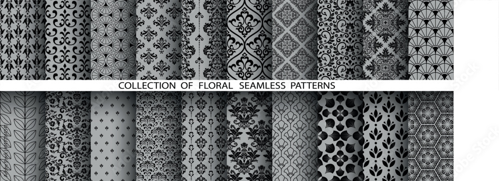 Aufkleber geometric floral set of seamless patterns. gray and black vector backgrounds. damask graphic ornamen