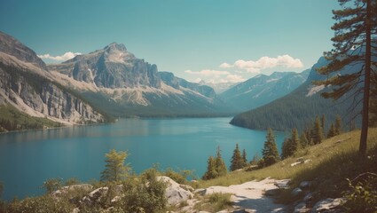 Naklejka premium Scenic mountain landscape with a serene lake and surrounding trees, showcasing natural beauty and tranquility.