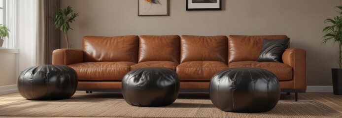 Two black poufs add a vintage touch to a trendy living room with a brown leather couch , pouf,  sofa