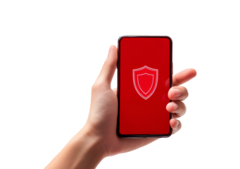 A hand holds a smartphone featuring a red screen with a shield icon isolated on transparent background