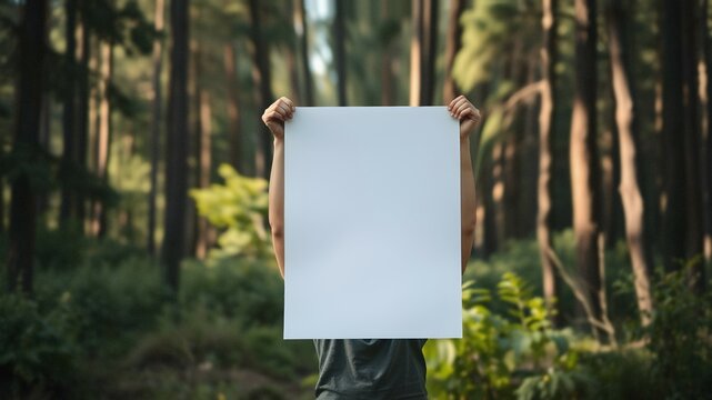 A person holding a vertical poster mockup outdoors, forest background. Active recreation outside the home. Caring for the environment