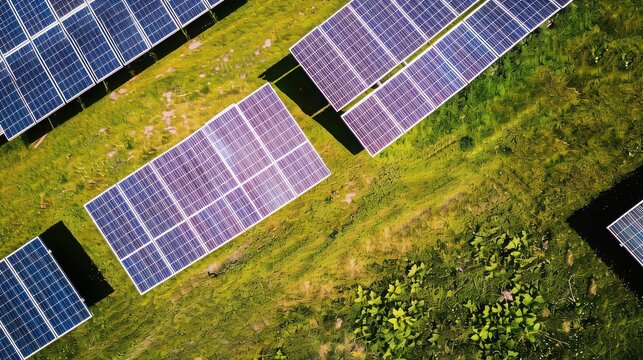 Aerial view of solar panel farm on green grass field generating renewable energy for sustainability - Powered by Adobe