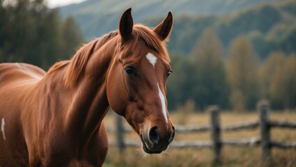 Obraz premium A brown horse with a white stripe on its face in a rural setting with trees and a wooden fence.