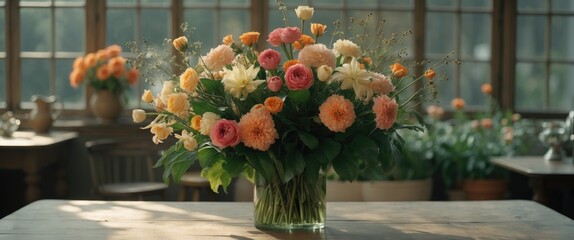 A large bouquet of colorful flowers in a vase placed on a table in a sunlit room with windows, surrounded by other plants and flowers, creating a cozy and inviting atmosphere.