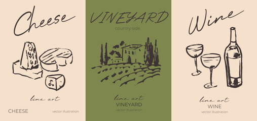 Line art illustrations, vineyard, wine tasting poster templates