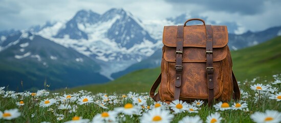 Brown Leather Backpack in a Daisy Field with Mountain View