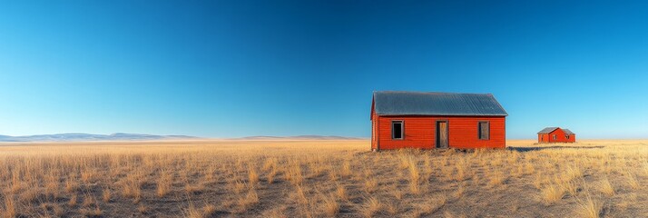 Abandoned Farmhouse in a Golden Field Under a Clear Blue Sky