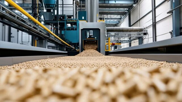 Close-up of wood pellets in a manufacturing facility, showcasing industrial processes and sustainability efforts.