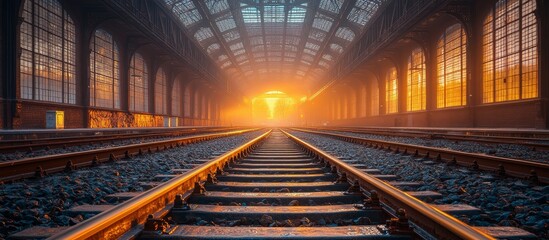 Train Tracks at Sunset Orange Light Beams in an Old Railway Station