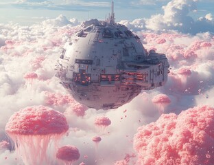 White Spaceship Soaring Above Pink Fluffy Clouds in a Dreamlike Landscape