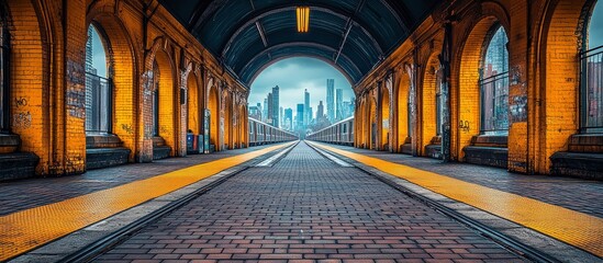 Dark Cityscape Through a Decaying Yellow Tunnel
