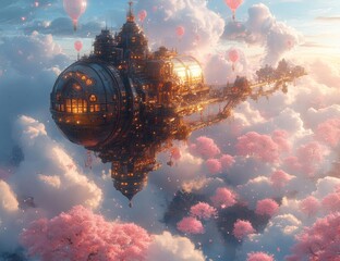 Golden Airship City Floating Among Pink Cherry Blossoms and Clouds at Sunset
