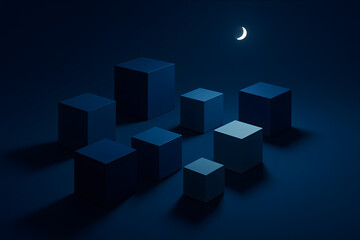 Obraz premium Abstract cityscape of dark blue geometric cubes under a glowing crescent moon. Minimalist 3D render night scene for urban landscape, mystery, solitude, or tranquil modern background concepts.