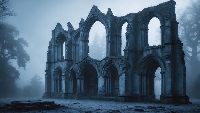 Ancient ruin with arched windows and walls, surrounded by foggy trees. Historical architecture and decay. The concept of ruins and abandoned structures. - Powered by Adobe