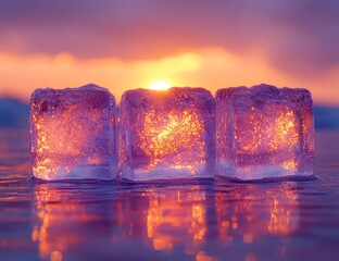 Three Illuminated Ice Cubes on a Beach at Sunset