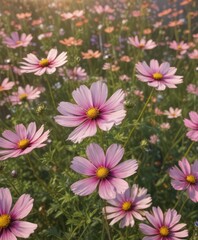 Sun-kissed cosmos flowers, gentle breeze swaying petals, cosmos,  flower