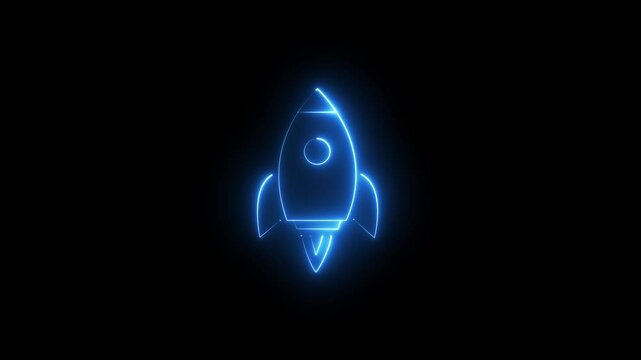 Glowing Neon spaceship sign, rocket fly animation. Neon rocket icon, looped slow flashing animation. Spacecraft flight, space technology, startup launch, business boost.
