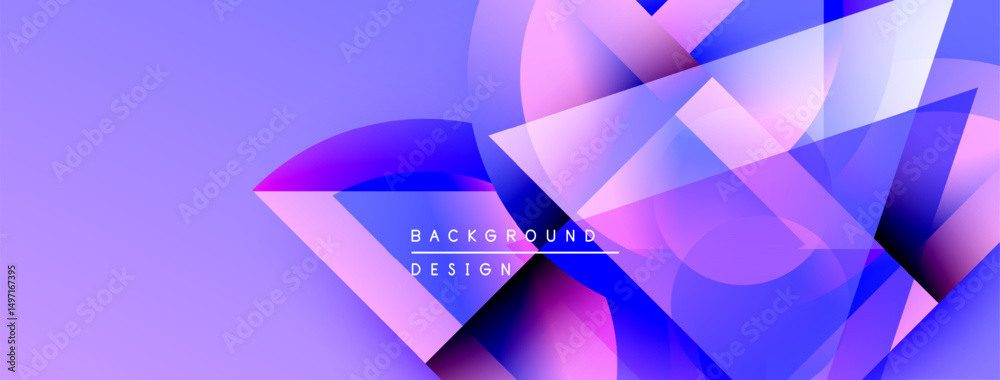 Poster Abstract purple, blue design. Overlapping shapes create dynamic visual effect. Modern background with text elements present.