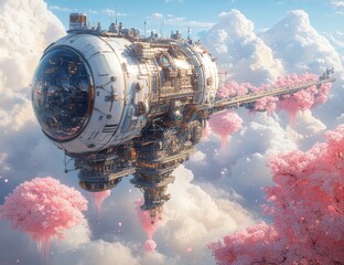 Floating City Among Pink Blossoms A Digital Fantasy Airship