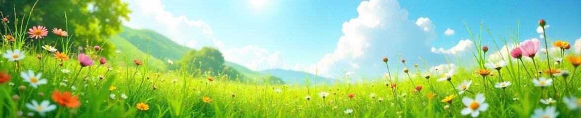 Fototapeta premium Lush green meadow bursting with wildflowers and tall grasses under a bright summer sky Perfect for nature, ecology, and environmental themes , growth, organic