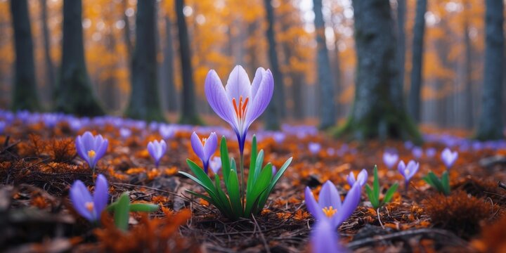 Colorful crocuses blooming on the forest ground in autumn with trees and sunlight in the background.