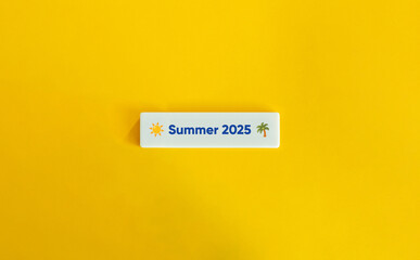 Summer 2025 Banner. Sun,  Palm Tree Icon and Text on Block Letter Tile against Yellow Background. Minimal Aesthetic.