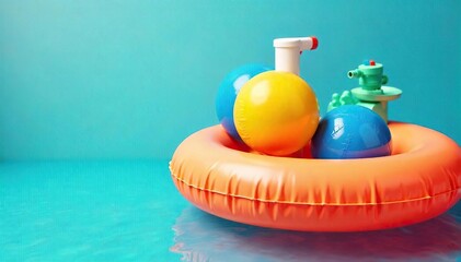 Vibrant summer scene featuring a colorful inflatable pump and beach balls, ready for sunny outdoor fun Perfect for summer vacation, pool party, or beach themes , sky, pump, relaxation