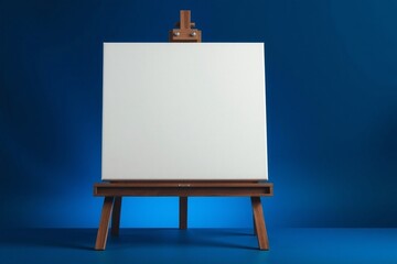 blank canvas mounted on a wooden easel in a dark blue solid background,painter,stand,frame.
