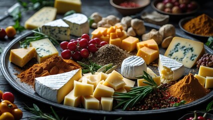Fototapeta premium Assorted cheeses, herbs, and spices on a platter. Food and culinary, culinary art, food platter. Dairy and flavorings. The concept of gourmet and diverse cuisine.