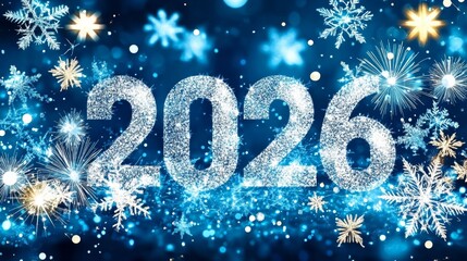 Sparkling New Year 2026 Celebration on Blue Background with Festive Fireworks and Snowflakes