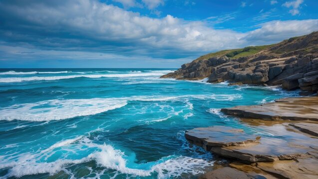 Stormy ocean coast with waves crashing against rocky shoreline under cloudy sky, scenic seascape.